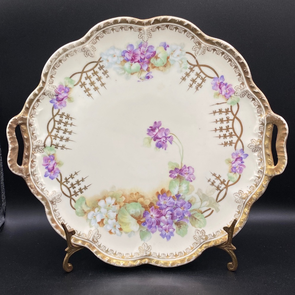 ANT porcelain serving plate hand painted purple & gold on white RS Prussia 1910